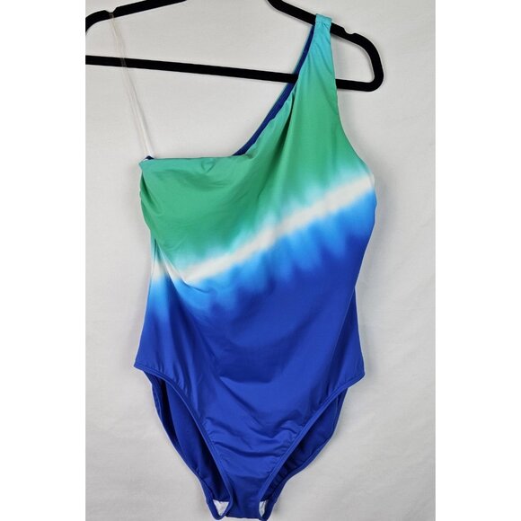Lauren Ralph Lauren Womens One Piece Swimsuit Size 12 Blue One Shoulder Swim - Picture 1 of 12